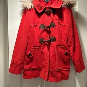 CoffeeShop Reddish Orange Pea Coat with removable Faux Fur Trim